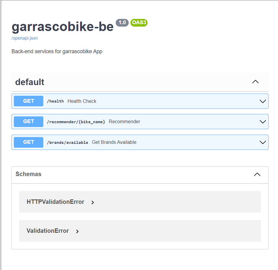 Garrascobike back-end OpenAPI webpage