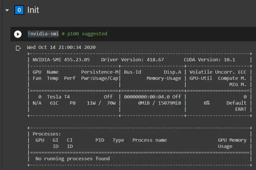 Example output when a Tesla T4 GPU is properly connected. | Image by Author